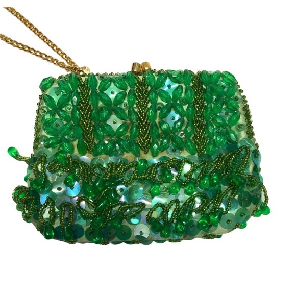 Vintage Beaded Purse Sequins Beads Wristlet Chain Coin Green JEM Hong Kong - Picture 3 of 4